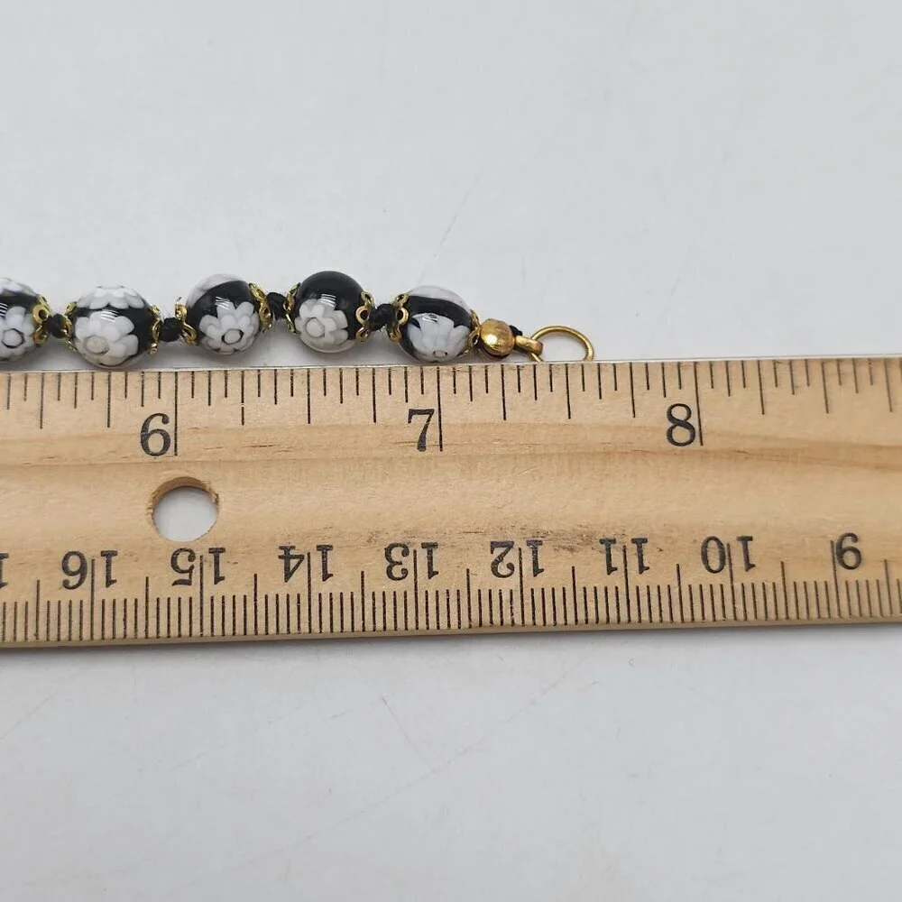 Murano Glass Black White Floral Beaded Bracelet Lobster Clasp 7.5 Inches